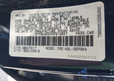 2013 Toyota Corolla S from USA, damaged, VIN 5YFBU4EEXDP213557